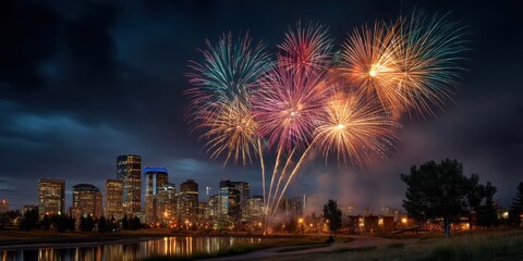 Spectacular fireworks display over city skyline celebrating independence day