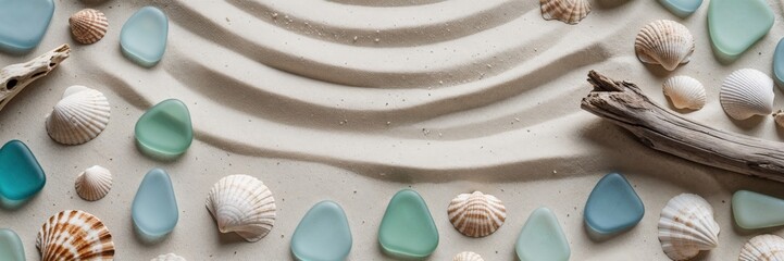Muscheln und Glassteine auf Sand mit Treibholz