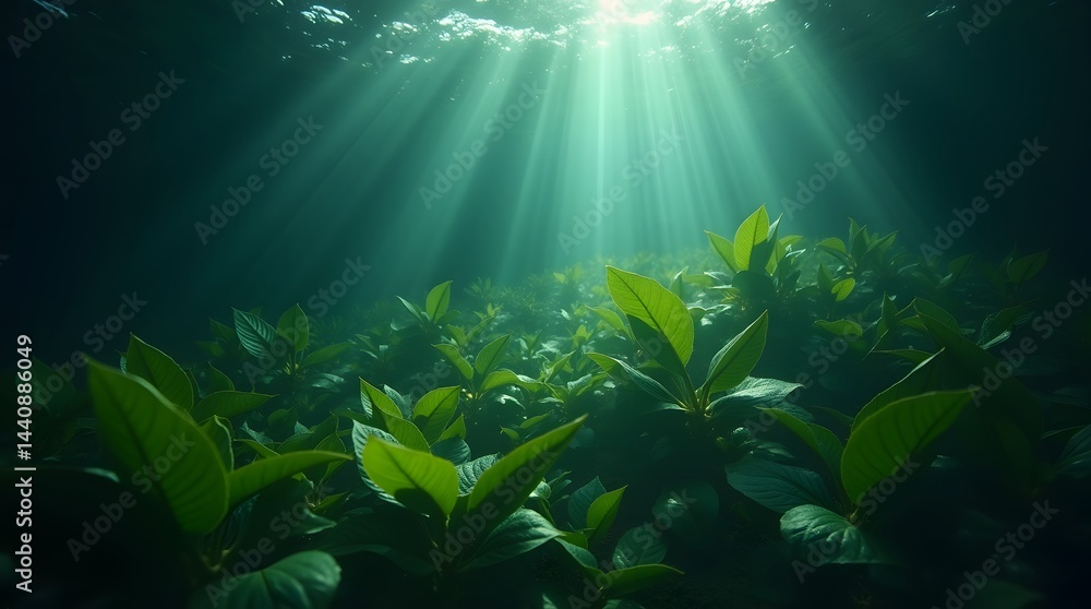 Poster underwater scene with vibrant green plants illuminated by rays of sunlight, creating a serene and tr