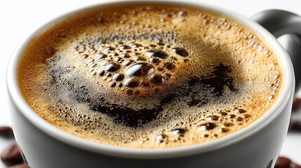 a warm cup of freshly brewed coffee with a frothy crema on top on a white isolated background, aromatic and energizing design