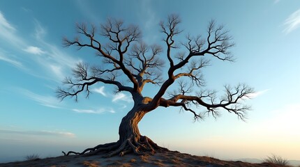 A majestic, barren tree stands alone against a serene sky, showcasing intricate branches and roots at sunset.