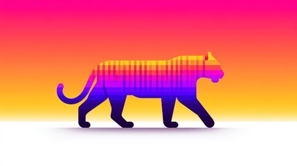 Fototapeta premium Vibrant Tiger Silhouette - A stylized tiger silhouette filled with vibrant, multicolored stripes against a gradient background