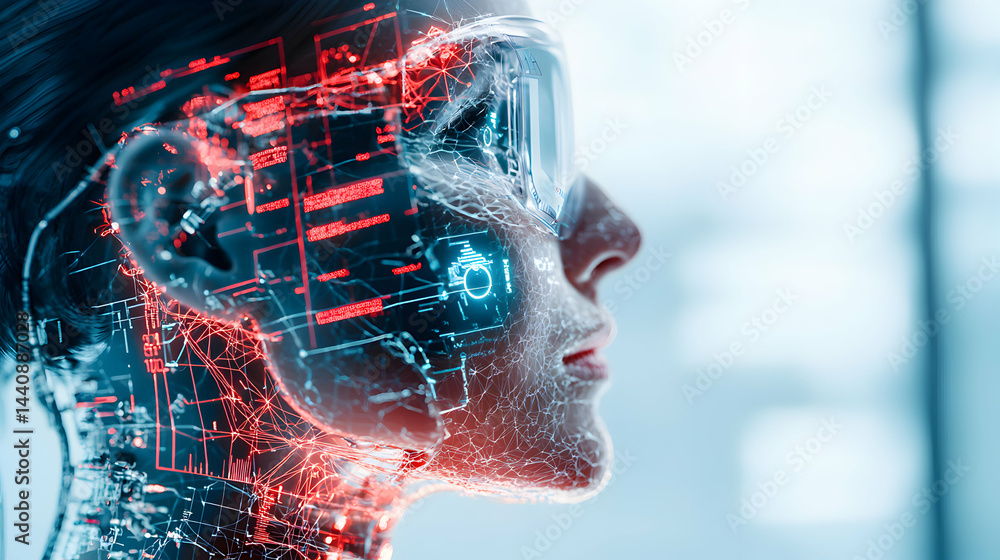 Poster a futuristic image of a person wearing advanced technology. it is likely related to augmented realit