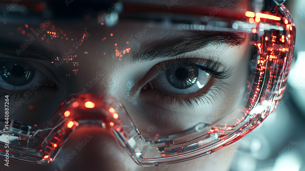 Poster close-up of a person wearing futuristic glowing goggles with red lights. a tech-themed portrait. con