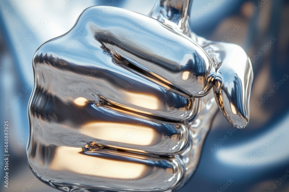 Aufkleber close up of a chrome thumbs up gesture with reflections and a blurred background in soft lighting