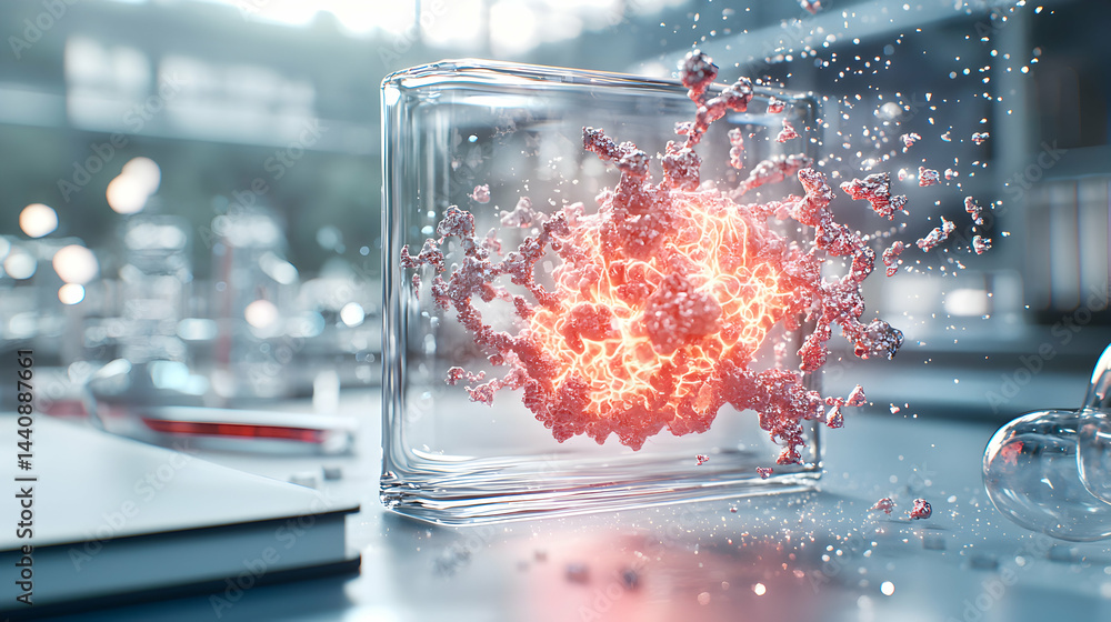 Poster a glowing fiery structure trapped within a glass cube with a science lab background. suggesting scie