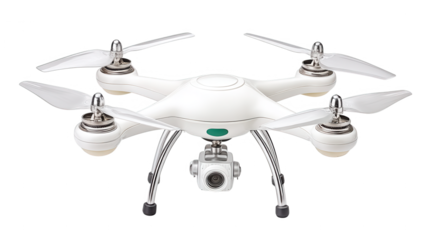 A white quadcopter drone hovers against a clean isolated studio backdrop.