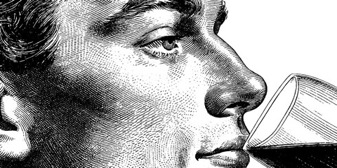 Obraz premium Vintage engraving of a caucasian male drinking from a glass.
