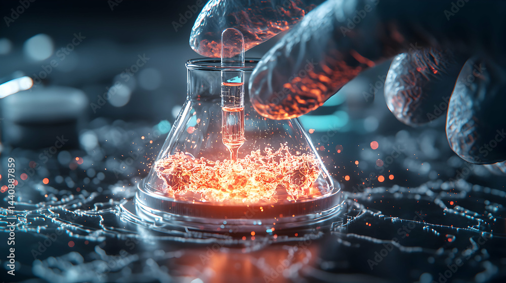 Poster a futuristic lab scene with an erlenmeyer flask holding glowing liquid and a pipette being inserted.