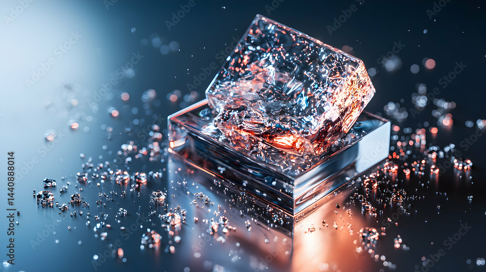Poster abstract macro shot of ice cubes and water droplets with reflective surfaces. ideal for art and prod