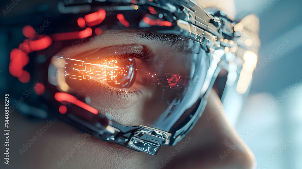 Poster a futuristic eye with high-tech goggles. a possible use is a virtual reality interface for medical a