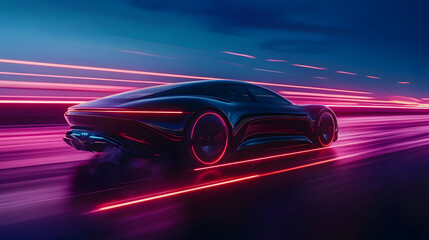 A futuristic autonomous car driving through a neon-lit highway at dusk.