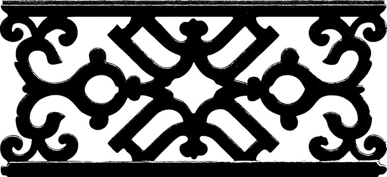 Ornate vintage ironwork design with symmetrical patterns and scroll motifs.