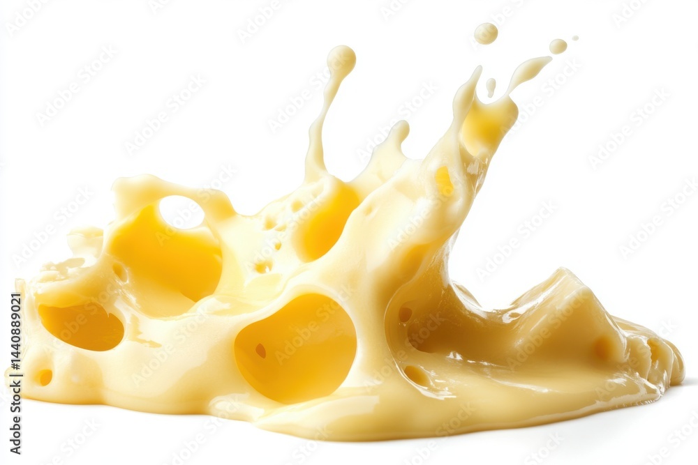Poster a block of swiss cheese with liquid splashing up on a white background in a studio shot
