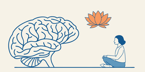 Mindful meditation graphic featuring a brain lotus and serene person ideal for wellness branding and logo design	