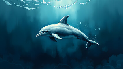 Fototapeta premium Dolphin in the deep sea, watercolor style. Generative AI