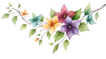 Fototapeta premium Watercolor floral garland features colorful blossoms and verdant leaves.