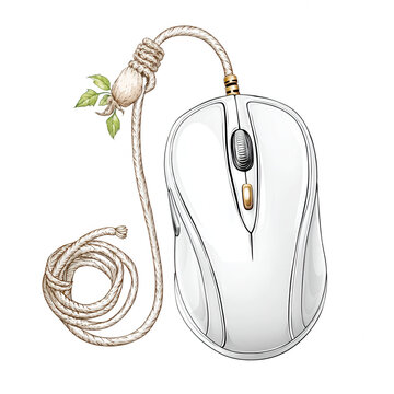 recommend clip art: A computer mouse with a tied rope cord resembling a noose and plant life.