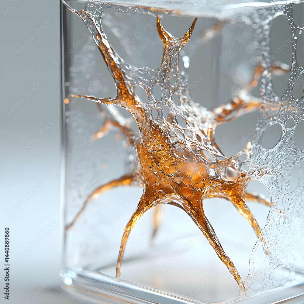 Poster a stunning artistic rendering of a biological structure within a transparent cube. it could symboliz