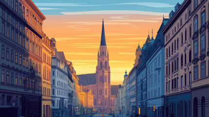 Naklejka premium View on St. Stephen's Cathedral, Vienna, Austria, touristic advertisement poster, travel poster. Famous historical building in the heart of Vienna, the capital city of Austria. Famous must-see tourist