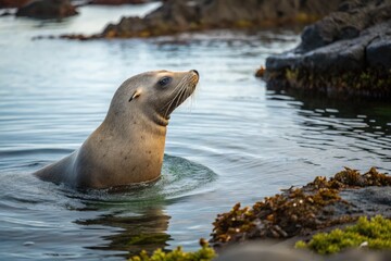 Fototapeta premium Sea Lion Relaxes in Calm Water Near Rocky Shore Generative AI
