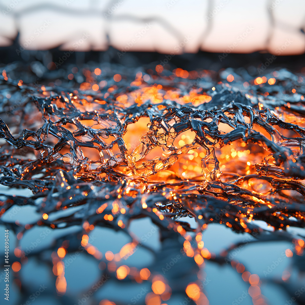 Poster abstract artistic view of a woven metal structure illuminated with fiery glows. it evokes themes of 