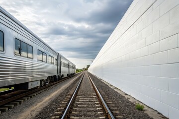 Fototapeta premium Silver Train Travels Down Tracks Alongside a White Wall Generative AI