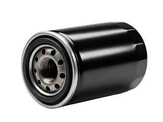 Cylindrical Automotive Oil Filter: A cylindrical automotive oil filter with a glossy black metal housing and threaded base, shown isolated against a transparent background.