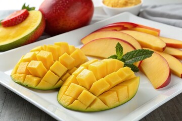 Sliced Mangos and Apples Arranged on a White Plate Generative AI