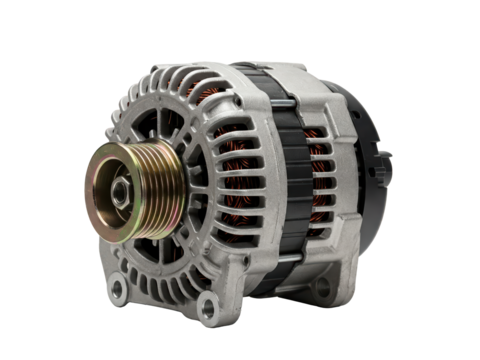 Studio Photo of a Car Alternator (Side Profile): Highlights the ribbed pulley, aluminum housing, and visible cooling vents, isolated on a transparent background  - Powered by Adobe