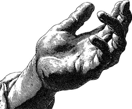 Detailed black and white engraving of an outstretched hand with intricate line work.