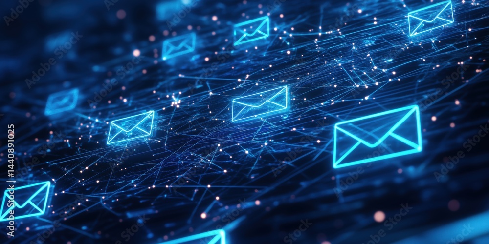 Poster digital communication network with glowing email icons and interconnected lines