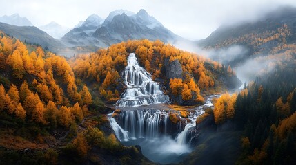 Majestic waterfall cascading amidst vibrant autumn foliage, nestled within a mountain landscape