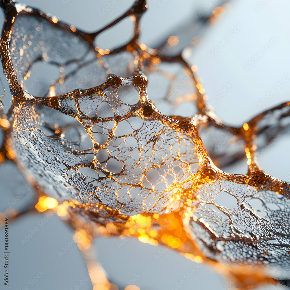 Poster an abstract depiction of interconnected structures evoking biological networks or molecular models. 