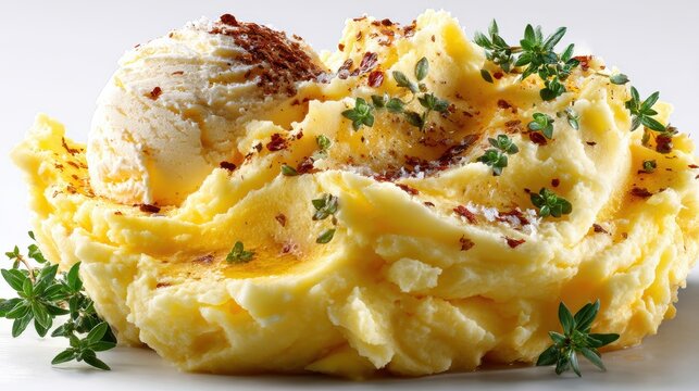 a warm, golden serving of garlic mashed potatoes with a creamy texture on a white isolated background, savory and comforting design