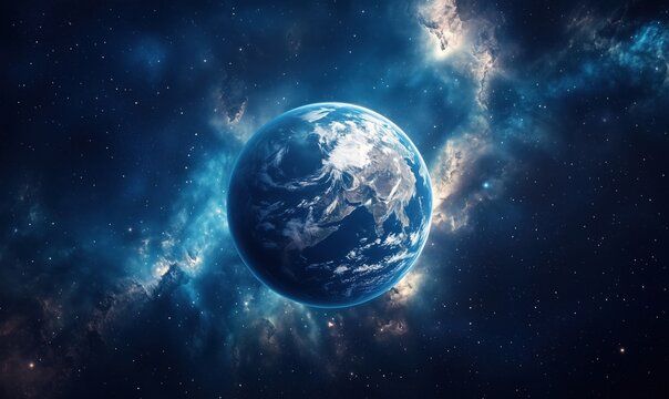 Earth in Space Surrounded by Cosmic Nebula and Stars