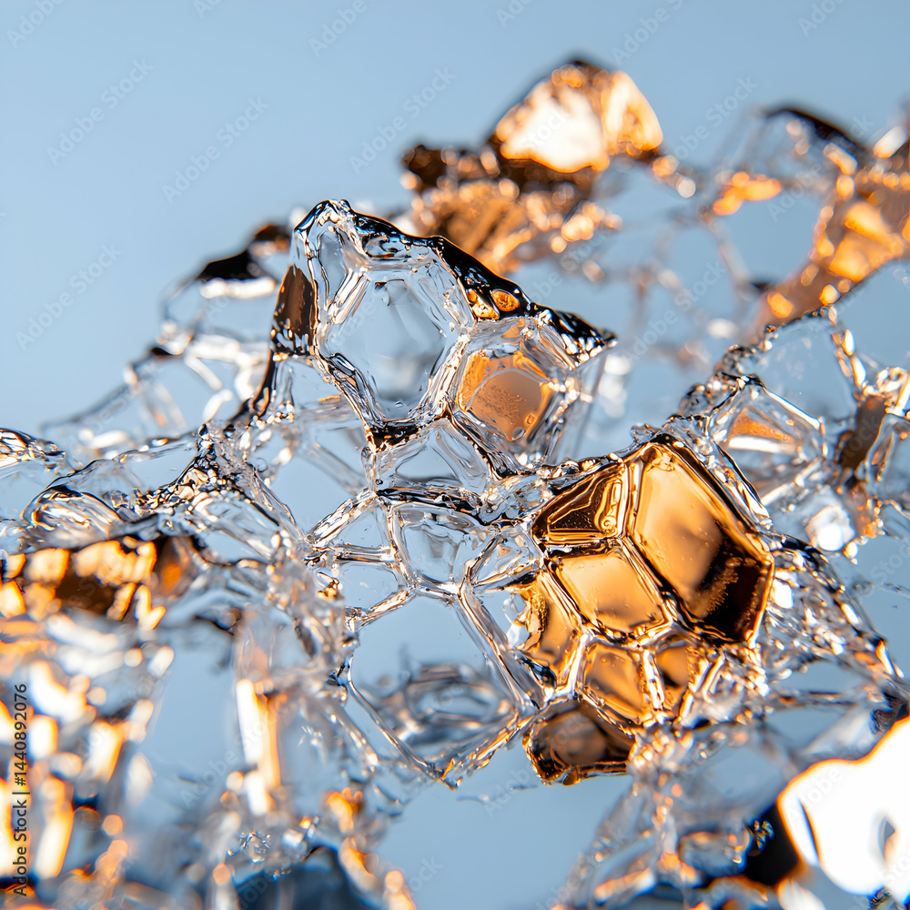Poster abstract close-up of crystalline structures with golden highlights. ideal for science presentations 