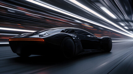 A futuristic concept car with a sleek aerodynamic design speeding on a futuristic road.