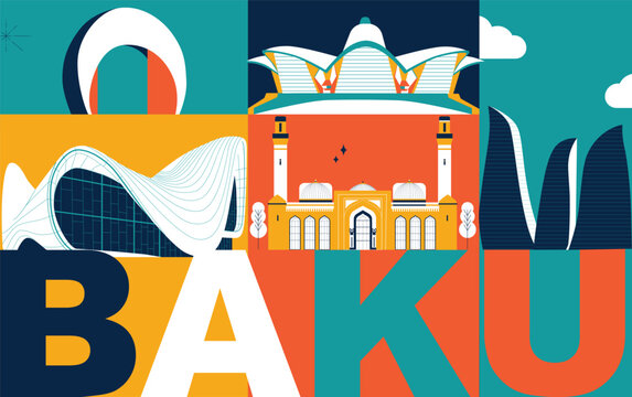 Typography word "Baku" branding technology concept. Collection of flat vector web icons, culture travel set, famous architectures, specialties detailed silhouette. Azerbaijan famous landmark.