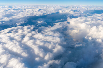 Cloud and cloudscape aerial sky. Aerial cloudscape view covered with cloud. Aerial cloudy sky view. Cloud view from plane. Sky in cloud. Cloudscape with cloudy weather. Nebulosity background