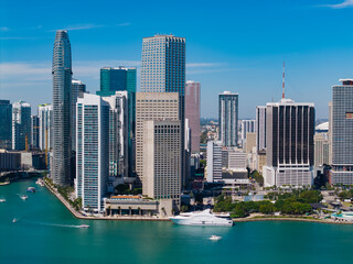 Fototapeta premium Miami downtown. Skyscraper building. Cityscape building downtown. City architecture. Miami downtown skyline. Miami skyscraper cityscape. Miami city skyline view of Brickell key. Travel to Florida