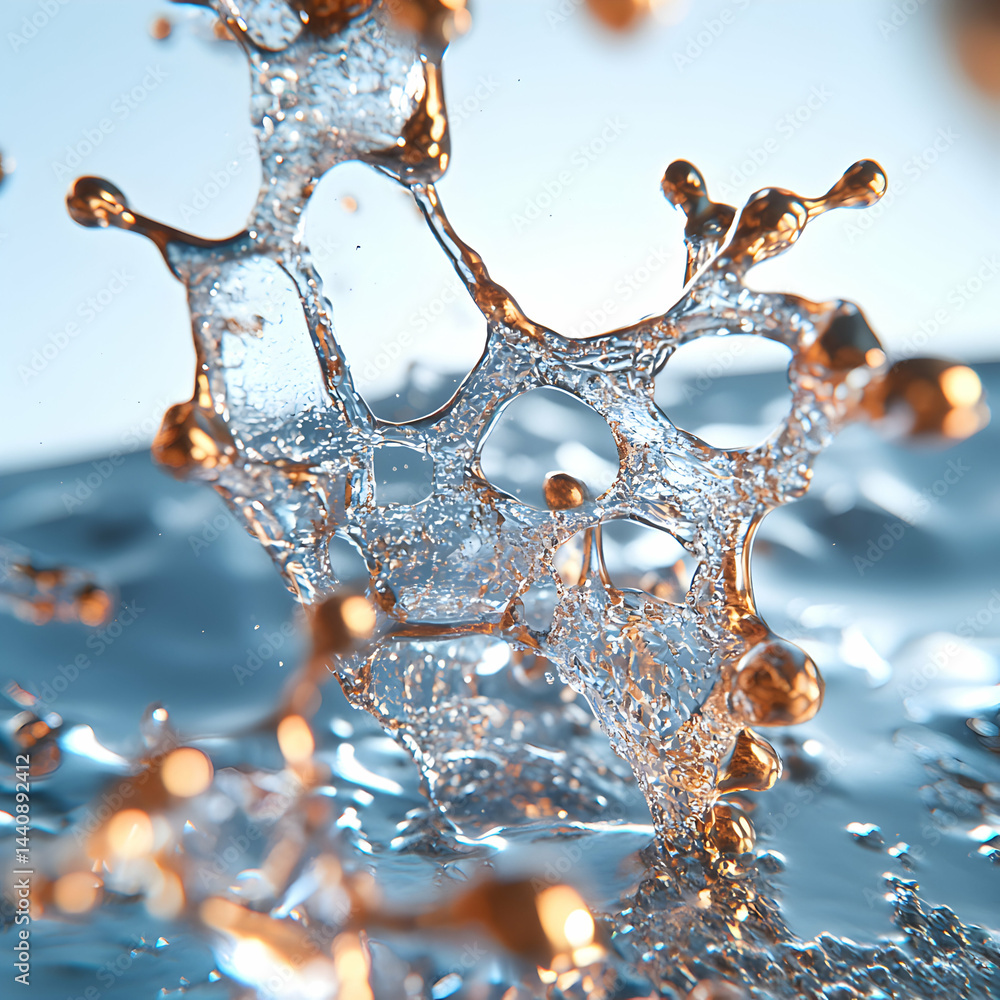 Poster a macro shot of water splashing with golden particles. suitable for scientific visualizations abstra
