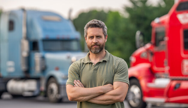 Transportation vehicles. Semi trucks vehicle. Hispanic man trucker. Handsome man driver in front of truck. Trucking owner. Truck driver. Man trucker driver near lorry truck. Trucking company