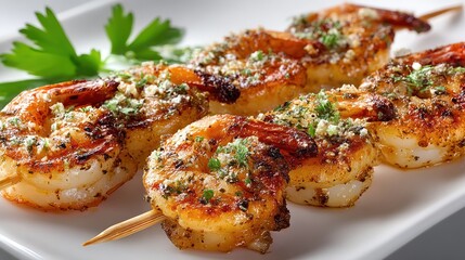 a fresh plate of juicy, grilled shrimp skewers with a light seasoning on a white isolated background, flavorful and healthy design