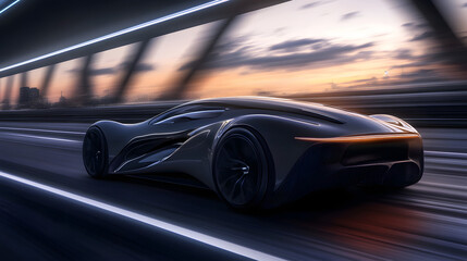 Fototapeta premium A futuristic concept car with a sleek aerodynamic design speeding on a futuristic road.