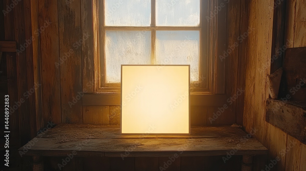 Poster warm light illuminates empty display in rustic cabin
