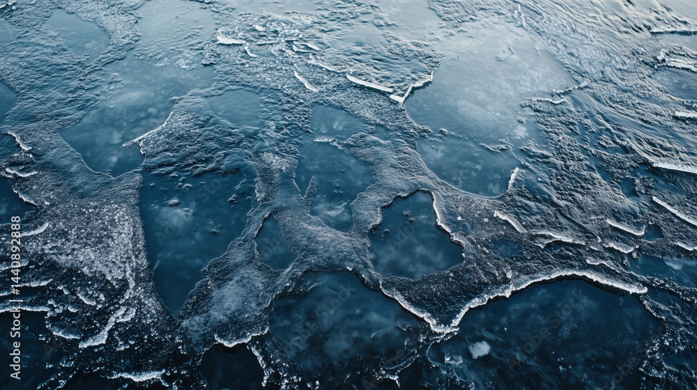 Poster Ice texture on frozen water surface with intricate patterns and reflections