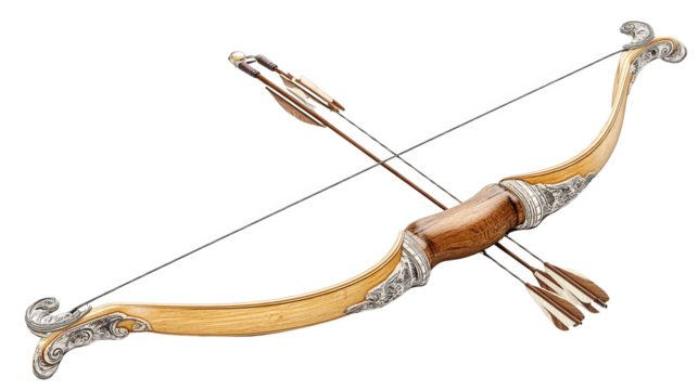 An ornate wooden bow with arrows ready to shoot rests against white space.