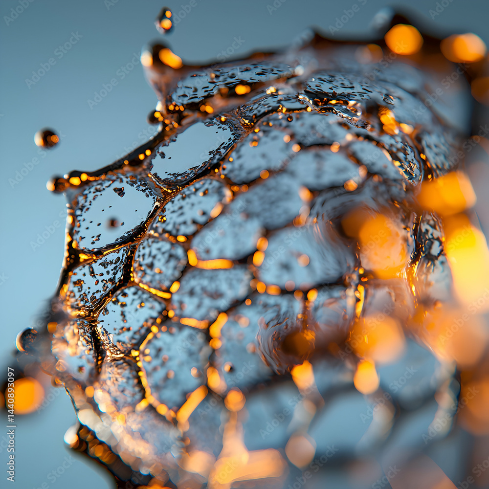 Poster abstract macro shot of a liquid structure with hexagonal patterns and a dynamic feel. use it as a st