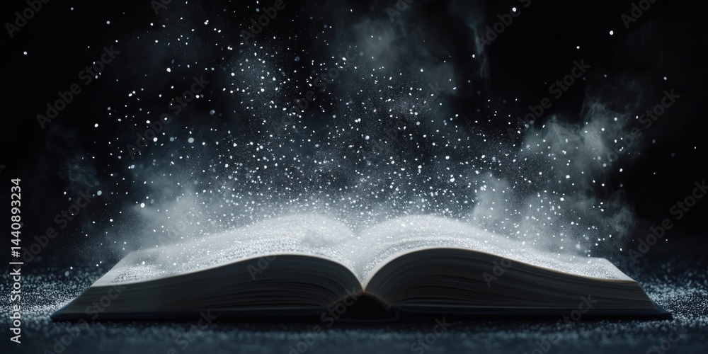 Poster magical open book with sparkling dust and ethereal mist creating enchanting atmosphere